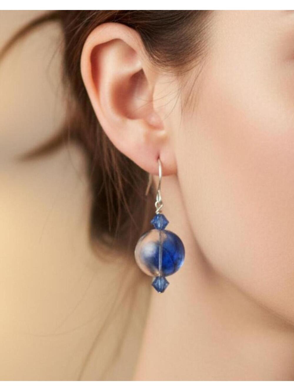 EARRINGS Sterling Silver Blue &white Hand Blown Orb Earrings